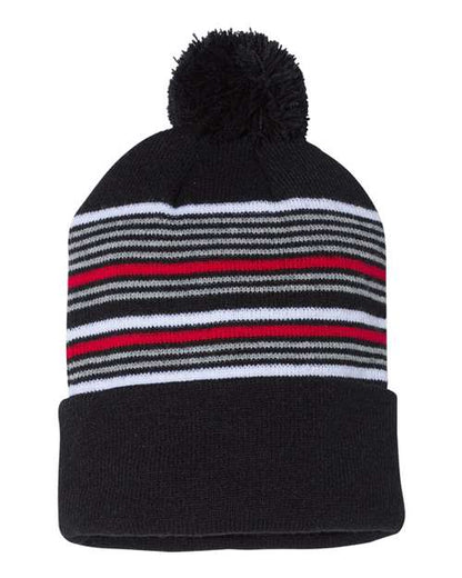 12" Striped Pom-Pom Cuffed Beanie SP60